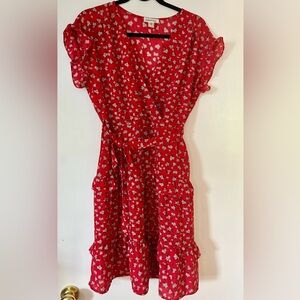 Red floral ruffle dress